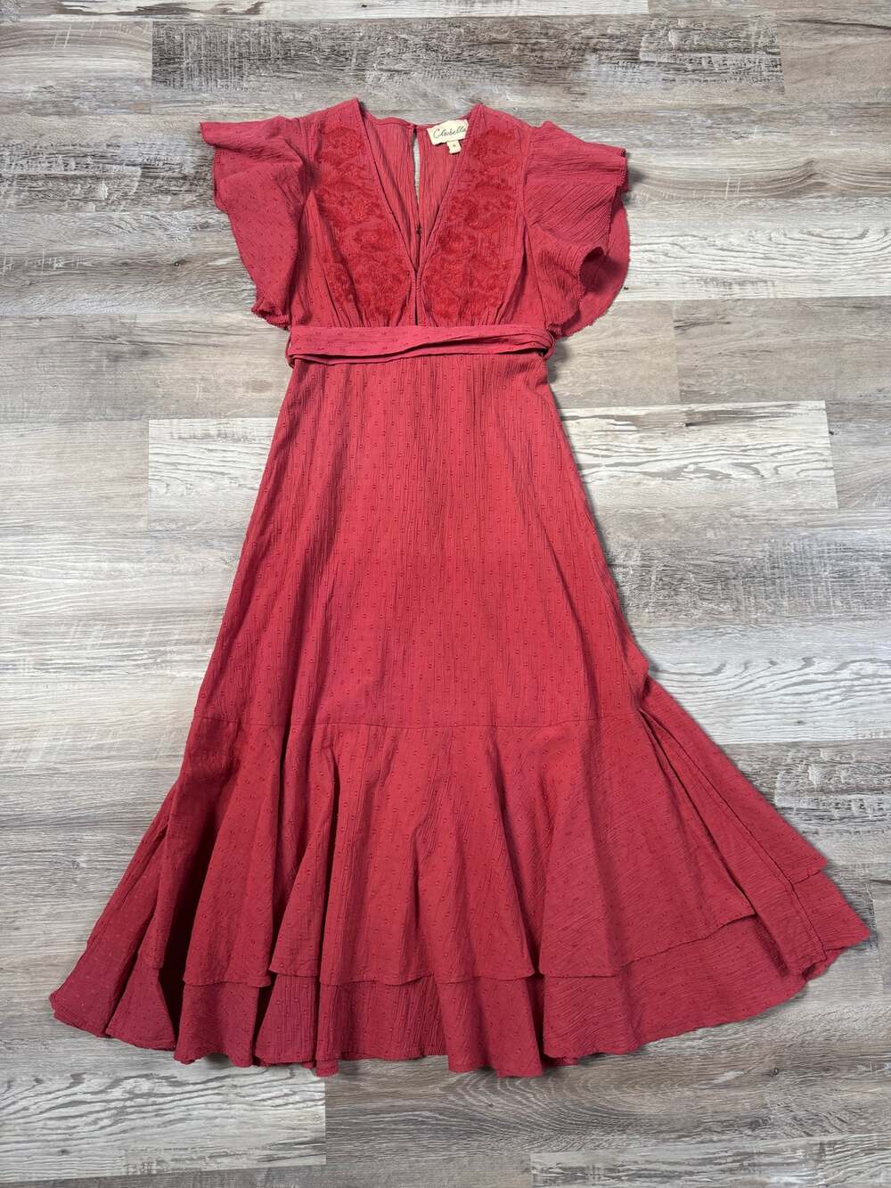 Cleobella Red Embroidered Swiss Dot Maxi Dress Flutter Sleeve Boho Cottagecore S